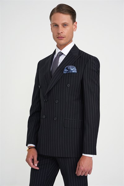 Slim Fit Çift Yırtmaç Çizgili Kruvaze Klasik Koyu Lacivert Takım Elbise Tk 925