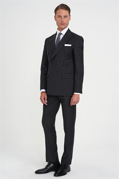 Slim Fit Çift Yırtmaç Çizgili Kruvaze Klasik Antrasit Takım Elbise Tk 925