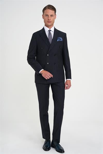 Slim Fit Çift Yırtmaç Çizgili Kruvaze Klasik Koyu Lacivert Takım Elbise Tk 925