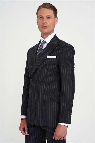 Slim Fit Çift Yırtmaç Çizgili Kruvaze Klasik Antrasit Takım Elbise Tk 925
