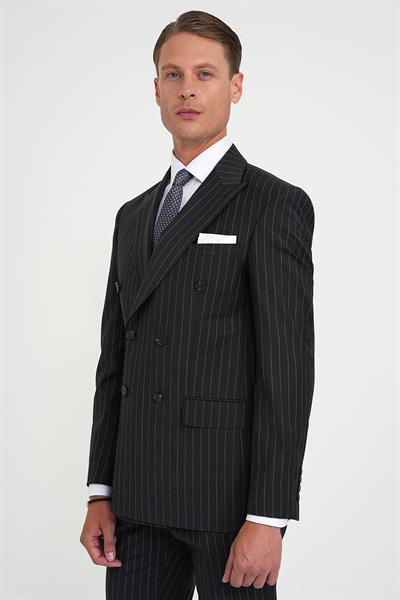 Slim Fit Çift Yırtmaç Çizgili Kruvaze Klasik Antrasit Takım Elbise Tk 925