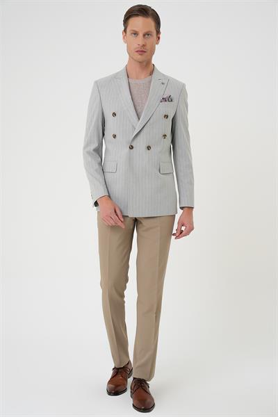 Slim Fit Çift Yırtmaç Çizgili Kruvaze Casual Gri Ceket C 704