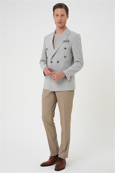 Slim Fit Çift Yırtmaç Çizgili Kruvaze Casual Gri Ceket C 704