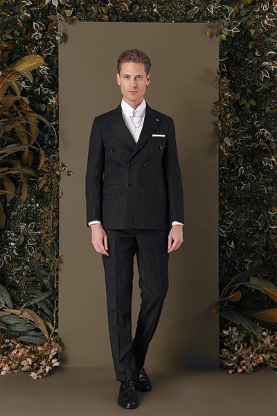 Slim Fit Çift Yırtmaç Çizgili Siyah Kruvaze Takım Elbise TK 884