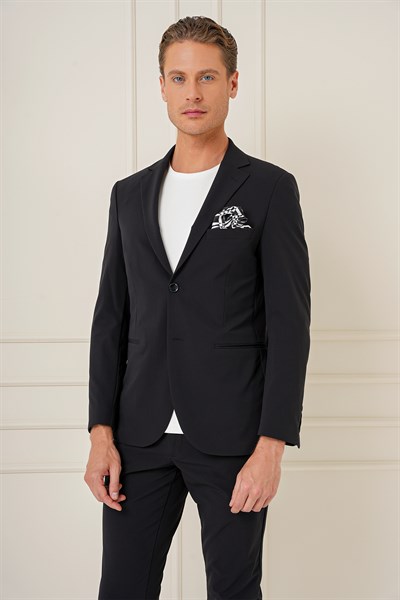 Slim Fit Çift Yırtmaç Çok Esnek Pamuklu Düz Siyah Ceket C 680
