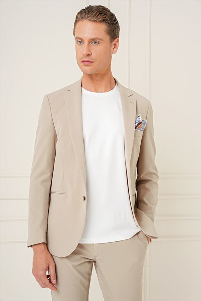 Slim Fit Çift Yırtmaç Çok Esnek Pamuklu Düz Bej Ceket C 680