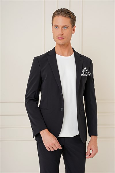 Slim Fit Çift Yırtmaç Çok Esnek Pamuklu Düz Siyah Ceket C 680