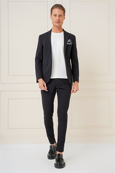 Slim Fit Çift Yırtmaç Çok Esnek Pamuklu Düz Siyah Ceket C 680