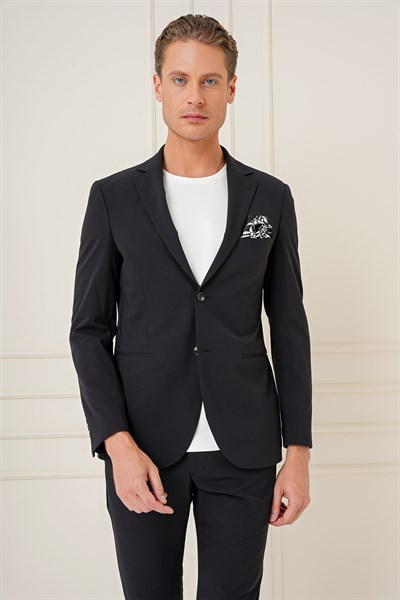 Slim Fit Çift Yırtmaç Çok Esnek Pamuklu Düz Siyah Ceket C 680