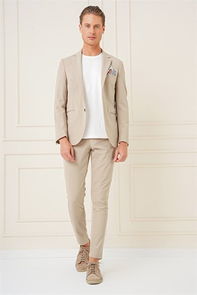 Slim Fit Çift Yırtmaç Çok Esnek Pamuklu Düz Bej Ceket C 680