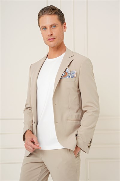 Slim Fit Çift Yırtmaç Çok Esnek Pamuklu Düz Bej Ceket C 680