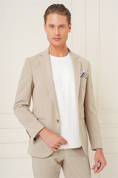 Slim Fit Çift Yırtmaç Çok Esnek Pamuklu Düz Bej Ceket C 680