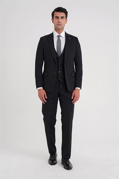 Slim Fit Çift Yırtmaç Doku Desenli Esnek Siyah Yelekli Takım Elbise TK 927