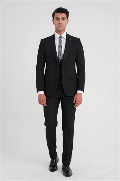 Slim Fit Çift Yırtmaç Doku Desenli Esnek Siyah Yelekli Takım Elbise TK 924