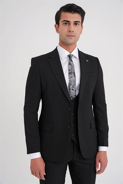 Slim Fit Çift Yırtmaç Doku Desenli Esnek Siyah Yelekli Takım Elbise TK 924