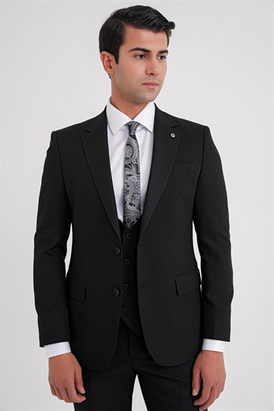 Slim Fit Çift Yırtmaç Doku Desenli Esnek Siyah Yelekli Takım Elbise TK 924