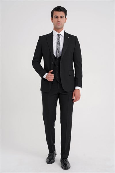 Slim Fit Çift Yırtmaç Doku Desenli Esnek Siyah Yelekli Takım Elbise TK 924