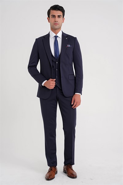 Slim Fit Çift Yırtmaç Doku Desenli Esnek Lacivert Yelekli Takım Elbise TK 927