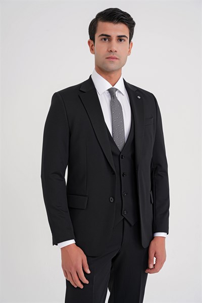 Slim Fit Çift Yırtmaç Doku Desenli Esnek Siyah Yelekli Takım Elbise TK 927