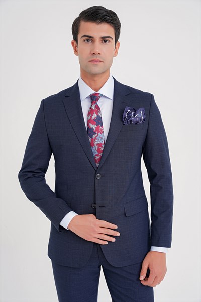 Slim Fit Çift Yırtmaç Doku Desenli Esnek Lacivert Yelekli Takım Elbise TK 916