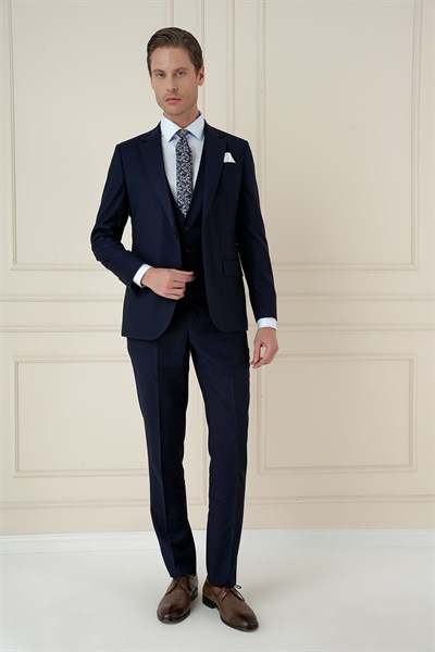 Slim Fit Çift Yırtmaç Doku Desenli Lacivert Yelekli Takım Elbise TK 908
