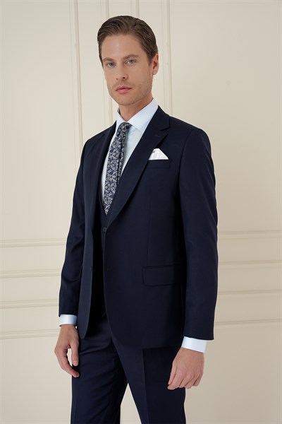 Slim Fit Çift Yırtmaç Doku Desenli Lacivert Yelekli Takım Elbise TK 908