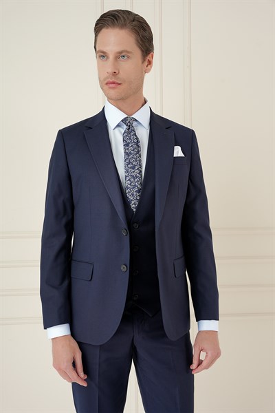 Slim Fit Çift Yırtmaç Doku Desenli Lacivert Yelekli Takım Elbise TK 908