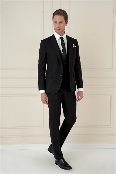 Slim Fit Çift Yırtmaç Doku Desenli Siyah Yelekli Takım Elbise TK 908