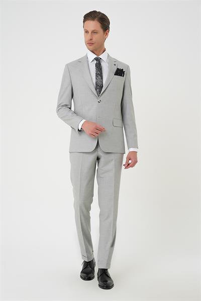 Slim Fit Çift Yırtmaç Dokulu Esnek Klasik Gri Takım Elbise Tk 915