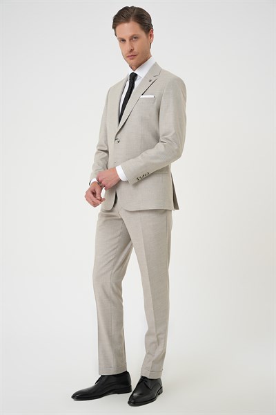 Slim Fit Çift Yırtmaç Dokulu Esnek Klasik Bej Takım Elbise Tk 915