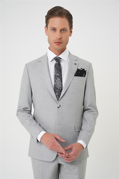 Slim Fit Çift Yırtmaç Dokulu Esnek Klasik Gri Takım Elbise Tk 915