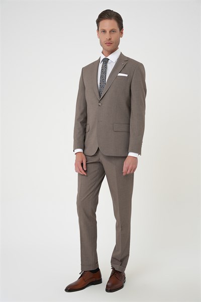 Slim Fit Çift Yırtmaç Dokulu Esnek Klasik Vizon Takım Elbise Tk 915