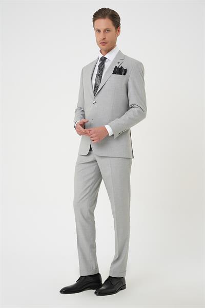 Slim Fit Çift Yırtmaç Dokulu Esnek Klasik Gri Takım Elbise Tk 915