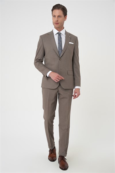 Slim Fit Çift Yırtmaç Dokulu Esnek Klasik Vizon Takım Elbise Tk 915