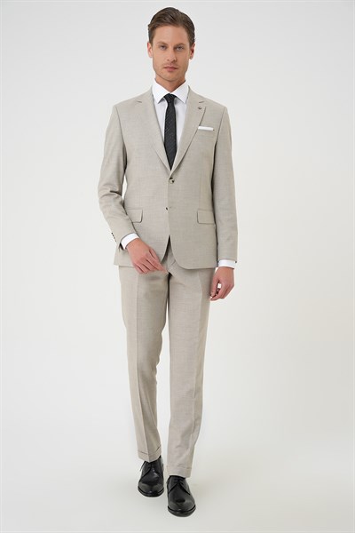 Slim Fit Çift Yırtmaç Dokulu Esnek Klasik Bej Takım Elbise Tk 915