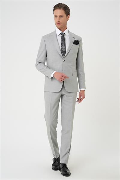 Slim Fit Çift Yırtmaç Dokulu Esnek Klasik Gri Takım Elbise Tk 915