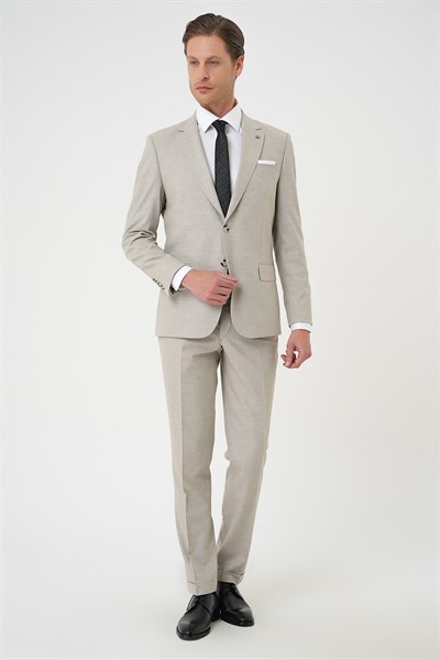 Slim Fit Çift Yırtmaç Dokulu Esnek Klasik Bej Takım Elbise Tk 915