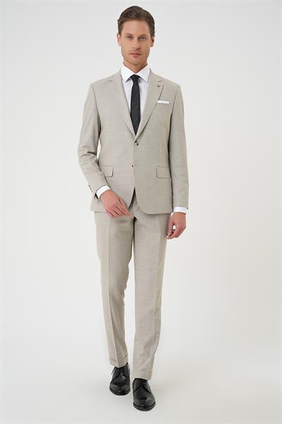 Slim Fit Çift Yırtmaç Dokulu Esnek Klasik Bej Takım Elbise Tk 915