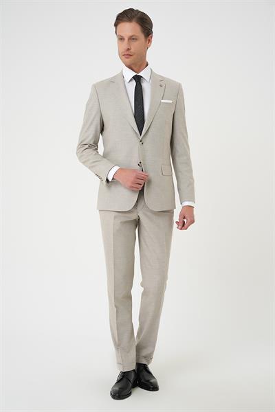 Slim Fit Çift Yırtmaç Dokulu Esnek Klasik Bej Takım Elbise Tk 915