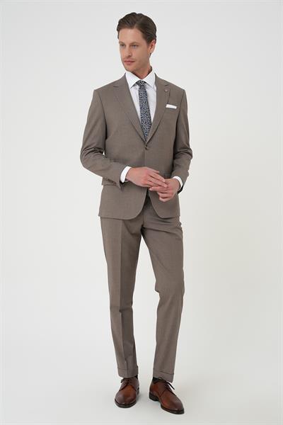 Slim Fit Çift Yırtmaç Dokulu Esnek Klasik Vizon Takım Elbise Tk 915