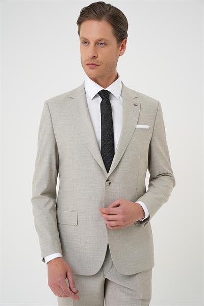 Slim Fit Çift Yırtmaç Dokulu Esnek Klasik Bej Takım Elbise Tk 915