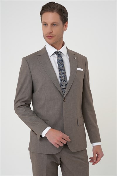 Slim Fit Çift Yırtmaç Dokulu Esnek Klasik Vizon Takım Elbise Tk 915