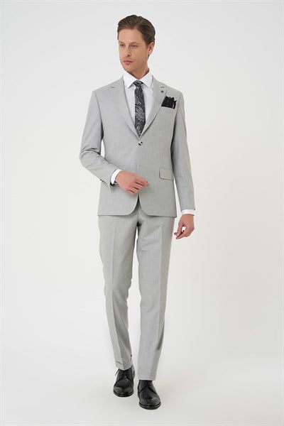 Slim Fit Çift Yırtmaç Dokulu Esnek Klasik Gri Takım Elbise Tk 915