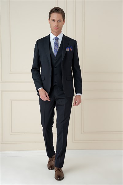 Slim Fit Çift Yırtmaç Düz Lacivert Klasik Takım Elbise TK 913