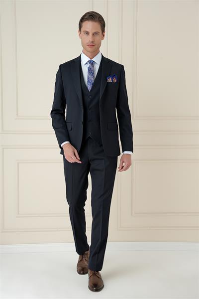 Slim Fit Çift Yırtmaç Düz Lacivert Klasik Takım Elbise TK 913