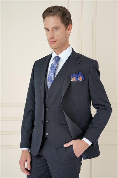 Slim Fit Çift Yırtmaç Düz Lacivert Klasik Takım Elbise TK 913
