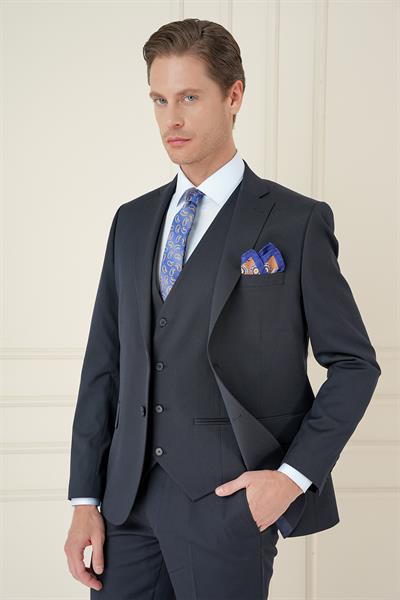 Slim Fit Çift Yırtmaç Düz Lacivert Klasik Takım Elbise TK 913