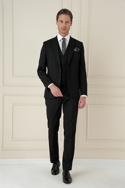 Slim Fit Çift Yırtmaç Düz Siyah Klasik Takım Elbise TK 913