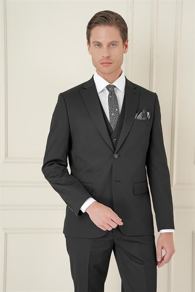 Slim Fit Çift Yırtmaç Düz Siyah Klasik Takım Elbise TK 913