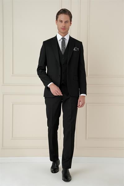 Slim Fit Çift Yırtmaç Düz Siyah Klasik Takım Elbise TK 913